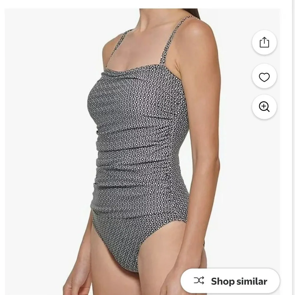 DKNY Womens Geometric Diamond Print One Piece Swimsuit Black White Small - Picture 9 of 10